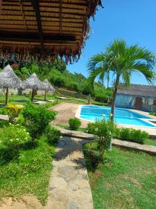 a resort with a swimming pool and a palm tree at Auberge Le Lagon in Nosy Be