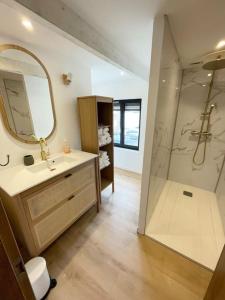 ein Badezimmer mit Waschbecken und Dusche mit Spiegel in der Unterkunft Maison à Petit Fort Philippe .1mn de la plage in Gravelines