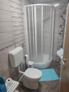 a small bathroom with a shower and a toilet at Počitniško stanovanje Aurora in Bovec +3 photos