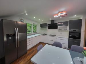 eine Küche mit einem Kühlschrank aus Edelstahl und einem Tisch in der Unterkunft Green Garden House in Zreče