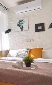 a bedroom with a bed with a tray on it at Яскраві Апартаменти √ Wi-Fi √ Кава √ 2хв п.Олександрія in Bila Tserkva
