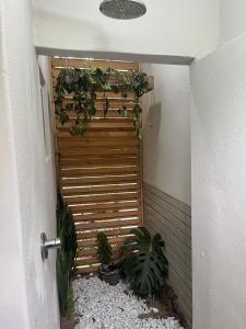 a hallway with a wooden fence and two plants at 16 st Johns - Studio in Port Shepstone