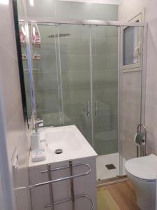ein Bad mit einer Dusche, einem Waschbecken und einem WC in der Unterkunft Casa IRENE in Giardini-Naxos