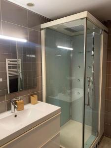 Un baño con ducha de cristal y lavabo. en Chez Anne, en La Ciotat