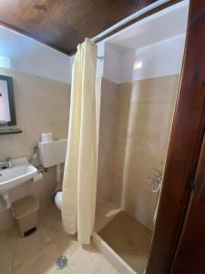 uma casa de banho com um chuveiro, um lavatório e um WC. em Belessi's Mansion em Yéfira