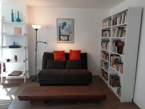 a living room with a couch and book shelves at Gite PASSIFLORE in Cour-Cheverny