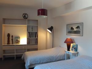 a bedroom with two beds and a table with a lamp at Gite PASSIFLORE in Cour-Cheverny