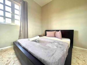 a bedroom with a bed with pink pillows and a window at Tropical getaway villa in Pereybere +5 photos