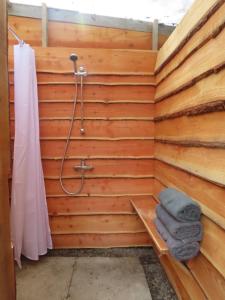a bathroom with a shower in a wooden wall at Dingly Dell 3 x bell tents in Cemmaes