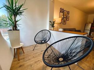 a room with two chairs and a counter with a plant at Apartman ANN II in Pančevo