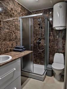 W łazience znajduje się prysznic, toaleta i umywalka. w obiekcie Loft возле парка, стадиона и озера w Iwano-Frankiwsku