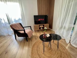 a living room with a tv and a chair and a table at Hana Home 4 personnes jardin privatif business&family in Montigny-le-Bretonneux