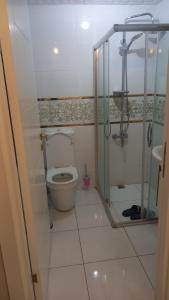 a small bathroom with a toilet and a shower at Çekirge Apart 5 in Çekirge