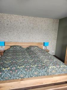 1 dormitorio con 1 cama con colcha de flores y 2 lámparas en Guest Flat in the Swiss Mountains (Lake View), en Seelisberg