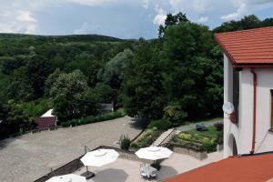 eine Terrasse mit Tischen und Sonnenschirmen auf einem Gebäude in der Unterkunft Hotel McPietroasa in Haleş