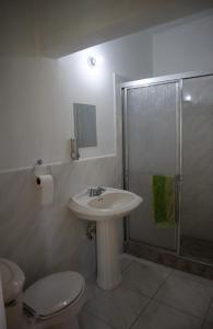 a bathroom with a toilet and a sink and a shower at Kokojo Villa in Black River