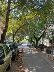 une rue bordée d'arbres avec des voitures garées sur le côté de la route dans l'établissement Chic & Cozy Apartment, à Thessalonique