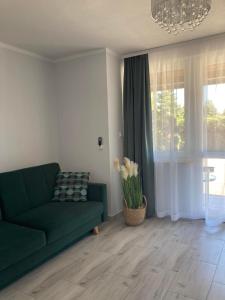 a living room with a green couch and a window at Apartamenty Familijne w Dąbkach in Dąbki