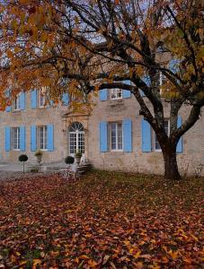 Un Petit Château في Lauzun: مبنى بنوافذ زرقاء وشجرة بأوراق الشجر