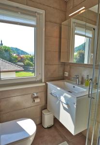 ein Bad mit einem Waschbecken, einem WC und einem Fenster in der Unterkunft Villa Vili in Limbuš