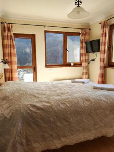 a bedroom with a large bed with two windows at Терасите - Къща 3 in Ribarica