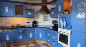ノルデンにあるFerienwohnung Norden Norddeichのキッチン(雪像が壁に描かれた青いキャビネット付)