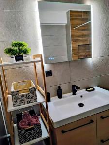 y baño con lavabo, espejo y encimera. en River side apartment with terrace, en Floreşti