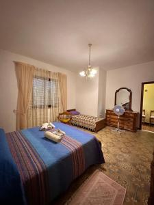 a bedroom with a blue bed and a mirror at Sa Domu de Cri in Giba