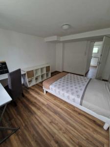 ein Schlafzimmer mit einem Bett und einem Schreibtisch. in der Unterkunft Appartement avec terrasse in La Talaudière