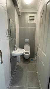 a small bathroom with a toilet and a sink at Deniz Apartment in Yalova