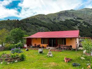 a house with a red roof in the grass at Januka Garden at Sno in Stepantsminda