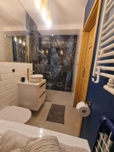 ein Badezimmer mit Toilette, Waschbecken und Dusche in der Unterkunft Międzywodzie Plażowa Park Gold in Międzywodzie + 17 Fotos