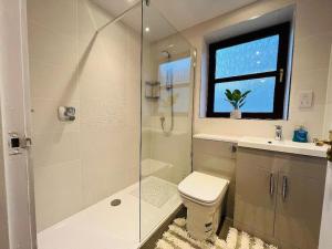 uma casa de banho com um chuveiro, um WC e uma janela. em A Stylish Two-Bedroom Flat-Free Parking-CityCentre em Aberdeen