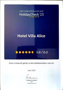 Certifikat, nagrada, logo ili neki drugi dokument izložen u objektu Hotel Villa Alice