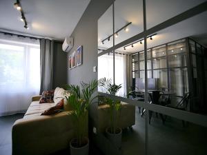 ein Wohnzimmer mit einem Sofa und einem Tisch mit Pflanzen in der Unterkunft SUNSET Apartment AirCon - Self Check-In 24h in Breslau