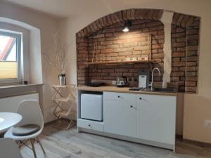 a kitchen with a sink and a brick wall at Apartamenty i pokoje gościnne "Wacuś" in Srebrna Góra