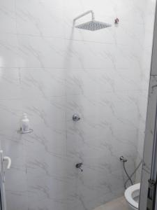 a white bathroom with a shower with a toilet at C.leslie_homes2 in Bamburi