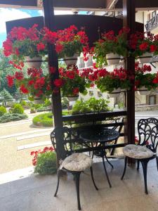 una mesa y 2 sillas con flores en el patio en Апартамент в отеле "Шале Грааль" г Трускавец, en Truskavets
