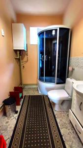 ein Badezimmer mit einem WC und einer großen Glasbadewanne in der Unterkunft Садиба Анна - Термальні води Косино in Zapson