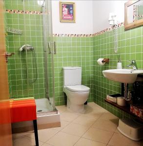 Baño de azulejos verdes con aseo y lavamanos en Apartamentos Puenteviejo, en Arenas de San Pedro