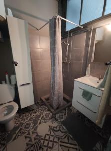 uma casa de banho com um chuveiro, um WC e um lavatório. em Numéro 12, appartement douillet em Montauban