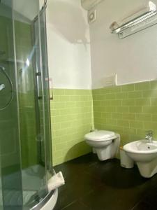 a green bathroom with a toilet and a sink at Boutique Hotel Molo S Lucia in Syracuse