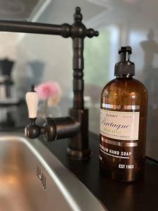 a bottle of liquid soap sitting next to a sink at Liten stuga i Haverdal in Haverdal