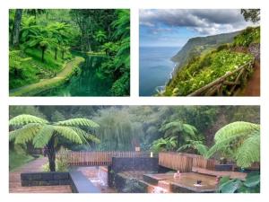 un collage de cuatro fotos de una cascada y una playa en 2Stay- A0, en Ponta Delgada