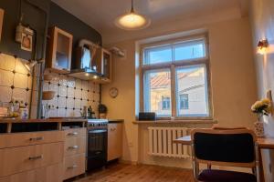 une cuisine avec une cuisinière et une fenêtre dans l'établissement A nice, quiet and central place in Riga!, à Riga