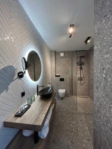 uma casa de banho com um lavatório, um espelho e um chuveiro em Hoeve BuytenHout em Delft