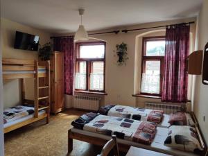 銀山的住宿－Apartamenty i pokoje gościnne "Wacuś"，一间卧室配有两张床和一张双层床。