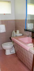 a pink bathroom with a toilet and a sink at Scottish Inn - Madison Heights in Madison Heights