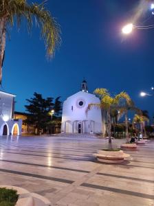 ein weißes Gebäude mit einer Palme davor in der Unterkunft STELLA appartamento in Policoro