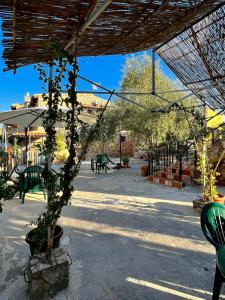 un patio con mesa, sillas y un árbol en Agriturismo Villa Assunta en Santa Caterina Villarmosa